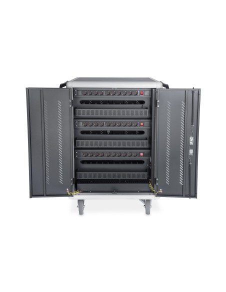 Armario de carga móvil, 30 estaciones de carga, negro 1100 x 700 x 650 mm, incl. USB, PDU, ventilador