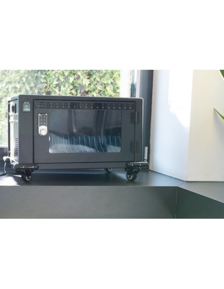 Armario de carga móvil, 16 estaciones de carga, 14", negro 384 x 550 x 375 mm, incl. USB, ventilador