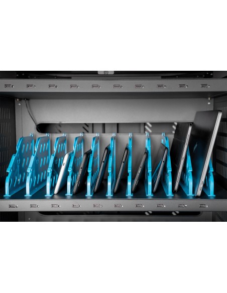 Armario de carga móvil, 30 estaciones de carga, negro 1100 x 700 x 650 mm, incl. USB, PDU, ventilador