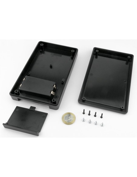 CAJA PLASTICO ABS NEGRA 144X90X30mm CON PORTAPILAS & TORNILLOS