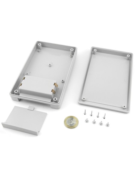CAJA PLASTICO ABS GRIS 144X90X30mm CON PORTAPILAS & TORNILLOS