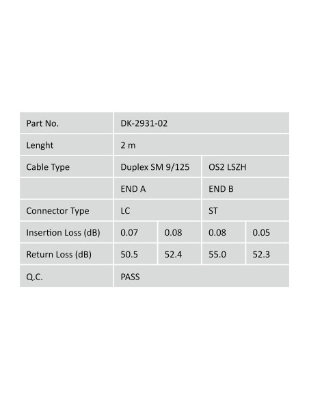 Cable de conexión modo único de fibra óptica de 2m, LC/ST