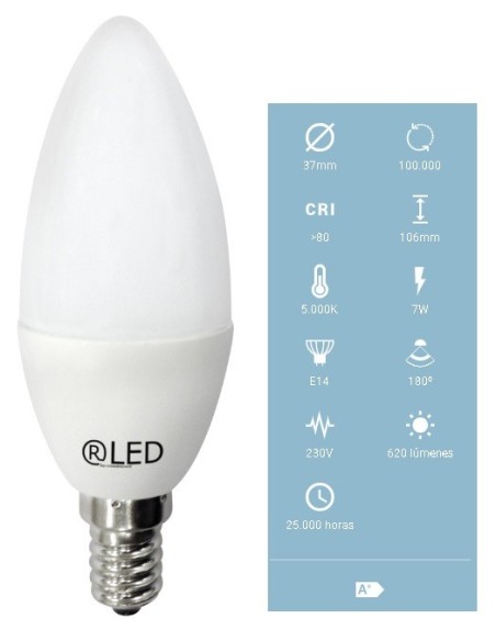 BOMBILLA LED VELA 7W E14 620LM LUZ FRIA 5000K