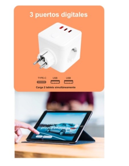 E-BLOCK BASE DE 3 SALIDAS SCHUKO & 2 USB & 1 USB-C & INTERRUPTOR