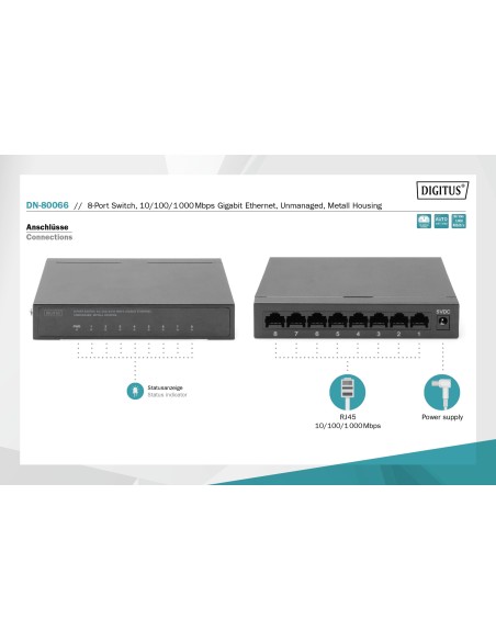 SWITCH FE de 8 puertos RJ 45 10/100/1000 Mbit/s METÁLICO