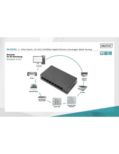 SWITCH FE de 8 puertos RJ 45 10/100/1000 Mbit/s METÁLICO