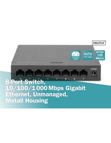 SWITCH FE de 8 puertos RJ 45 10/100/1000 Mbit/s METÁLICO
