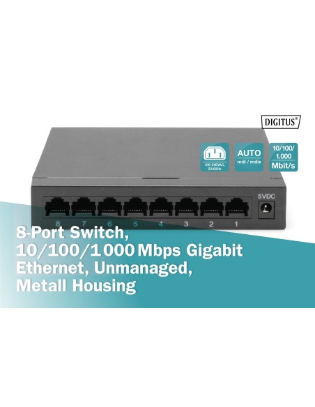 SWITCH FE de 8 puertos RJ 45 10/100/1000 Mbit/s METÁLICO