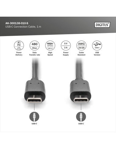 Cable USB Type-C  a Type- C M/M, 1.0m, 3A, 480MB, 2.0