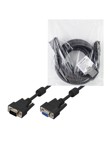Cable VGA, HD15/M a HD15/F, 1080p, 2x ferrita, negro, 5 m