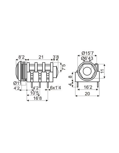 BASE JACK 6.3mm ESTEREO PCB CON TUERCA
