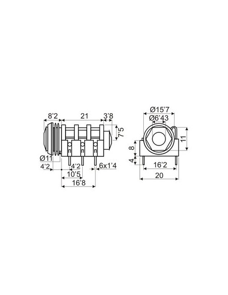 BASE JACK 6.3mm ESTEREO PCB CON TUERCA