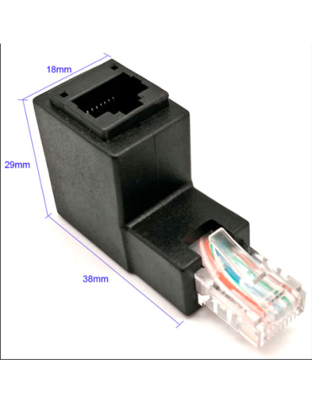 Adaptador RJ45 Macho-Hembra, 90º