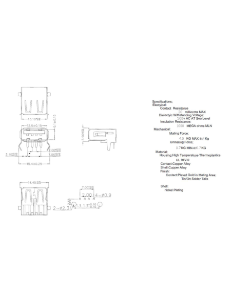 Conector USB tipo A hembra circuito impreso