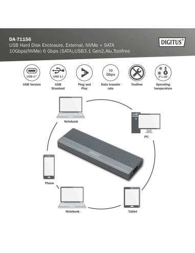 Caja externa USB M.2, SSD, NVMe + SATA, 10 Gbps (NVMe) 6 Gbps (SATA),USB3.1 Gen2