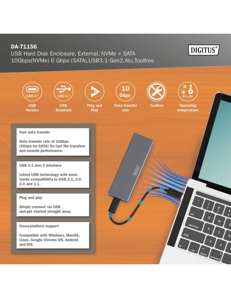 Caja externa USB M.2, SSD, NVMe + SATA, 10 Gbps (NVMe) 6 Gbps (SATA),USB3.1 Gen2