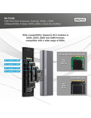 Caja externa USB M.2, SSD, NVMe + SATA, 10 Gbps (NVMe) 6 Gbps (SATA),USB3.1 Gen2