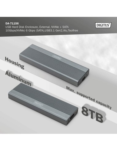 Caja externa USB M.2, SSD, NVMe + SATA, 10 Gbps (NVMe) 6 Gbps (SATA),USB3.1 Gen2