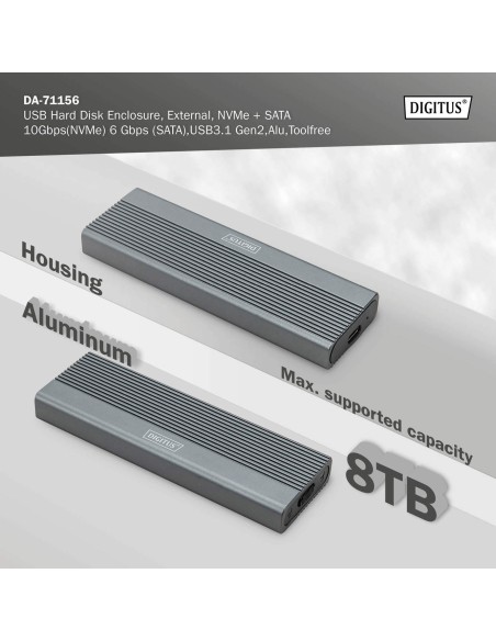 Caja externa USB M.2, SSD, NVMe + SATA, 10 Gbps (NVMe) 6 Gbps (SATA),USB3.1 Gen2
