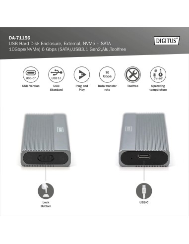 Caja externa USB M.2, SSD, NVMe + SATA, 10 Gbps (NVMe) 6 Gbps (SATA),USB3.1 Gen2