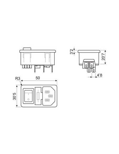 Base de conexión IEC 320 empotrable con fusible e interruptor