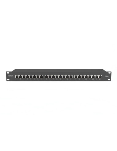 Patch Panel CAT 6A, blindado, 1U, 24 puertos, 8P8C, negro RAL 9005, 483 mm (19") / 482,6 x 44 x 109 mm