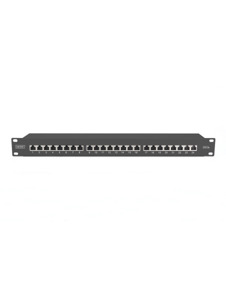 Patch Panel CAT 6A, blindado, 1U, 24 puertos, 8P8C, negro RAL 9005, 483 mm (19") / 482,6 x 44 x 109 mm