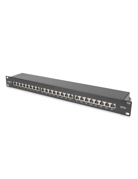 Patch Panel CAT 6A, blindado, 1U, 24 puertos, 8P8C, negro RAL 9005, 483 mm (19") / 482,6 x 44 x 109 mm