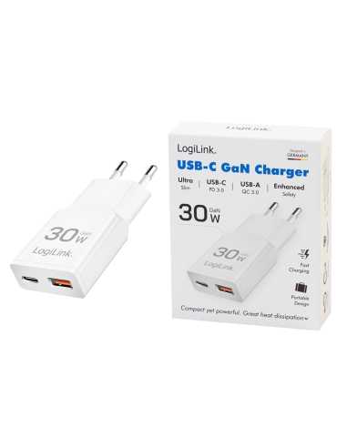 Cargador GaN con dos puertos USB-C/A, 30 W,