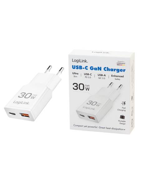 Cargador GaN con dos puertos USB-C/A, 30 W,
