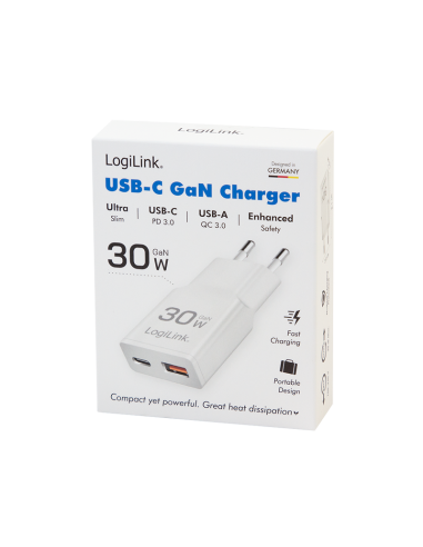 Cargador GaN con dos puertos USB-C/A, 30 W,