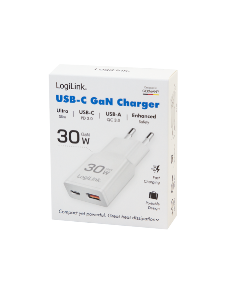 Cargador GaN con dos puertos USB-C/A, 30 W,