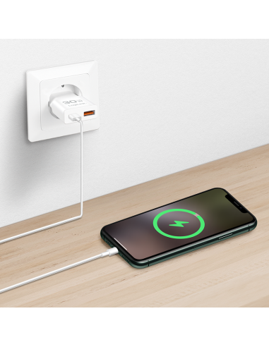 Cargador GaN con dos puertos USB-C/A, 30 W,