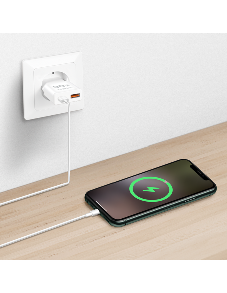 Cargador GaN con dos puertos USB-C/A, 30 W,