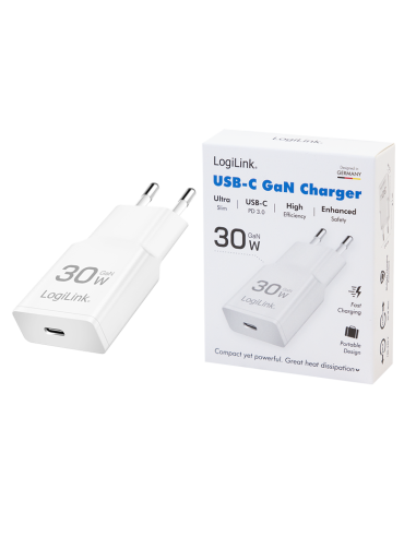 Cargador USB-C GaN (PD), 30 W, blanco