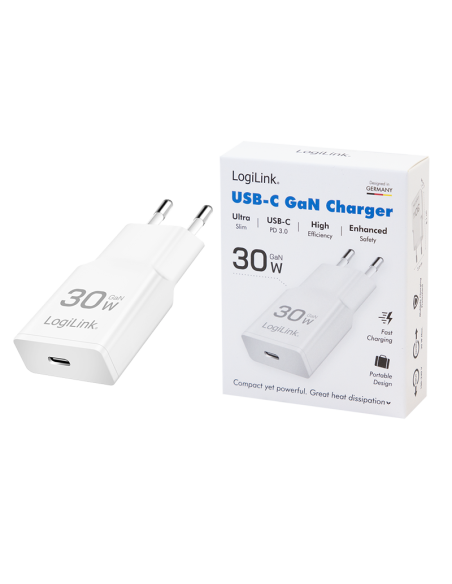 Cargador USB-C GaN (PD), 30 W, blanco