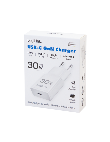 Cargador USB-C GaN (PD), 30 W, blanco