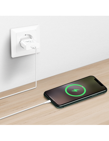 Cargador USB-C GaN (PD), 30 W, blanco