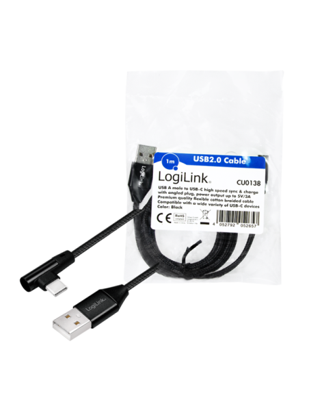 Cable USB-C, C/M (90°) a USB-A/M, 1 m