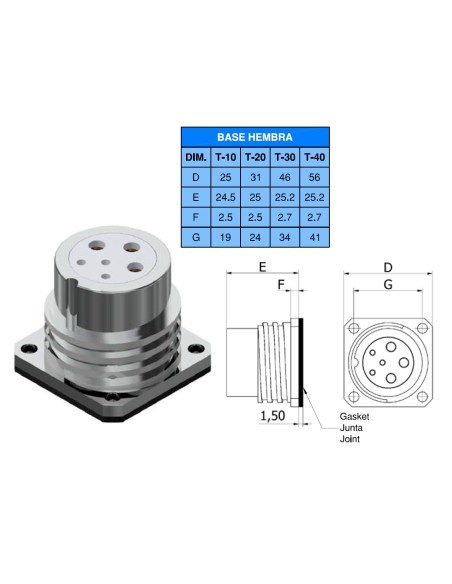 BASE HEMBRA T-20 7-PINS 25A+10A 300V÷1400 SIN RACOR
