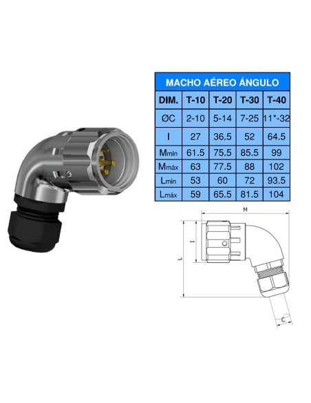 CONECTOR MACHO AEREO CODO 7-PINS T-20 CON RACOR 10A 300V÷1400V