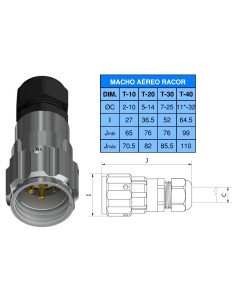 CONECTOR MACHO AEREO 5-PINS T-20 CON RACOR 25A+10A 370V÷1400V 2