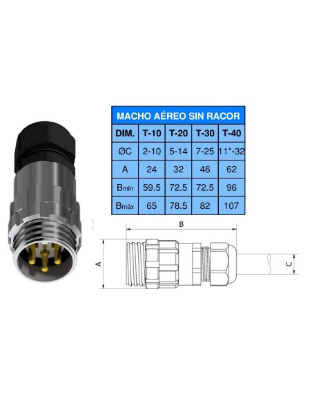 CONECTOR MACHO AEREO 7-PINS T-20 SIN RACOR 10A 370V÷1400V  - PROLONGADOR