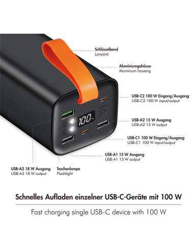 PowerBank de 50000 mAh, QC 3.0 y PD 3.0, 100 W, negro