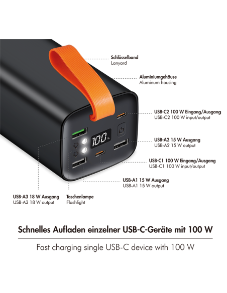 PowerBank de 50000 mAh, QC 3.0 y PD 3.0, 100 W, negro