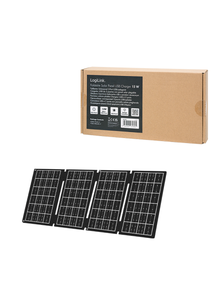 Cargador USB con panel solar plegable, 1x USB-A, 1x USB-C, 15W, IP65
