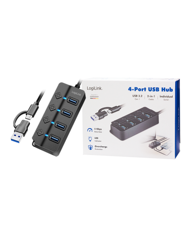 Hub USB 3.2 Gen1, 4 puertos, interruptor de encendido/apagado, negro