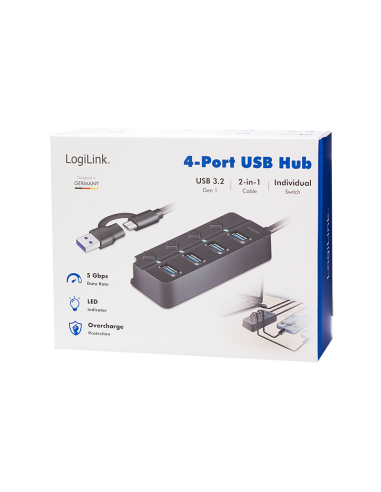Hub USB 3.2 Gen1, 4 puertos, interruptor de encendido/apagado, negro