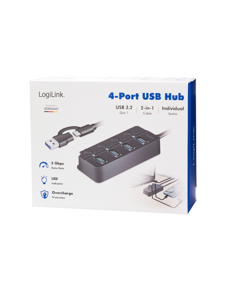 Hub USB 3.2 Gen1, 4 puertos, interruptor de encendido/apagado, negro