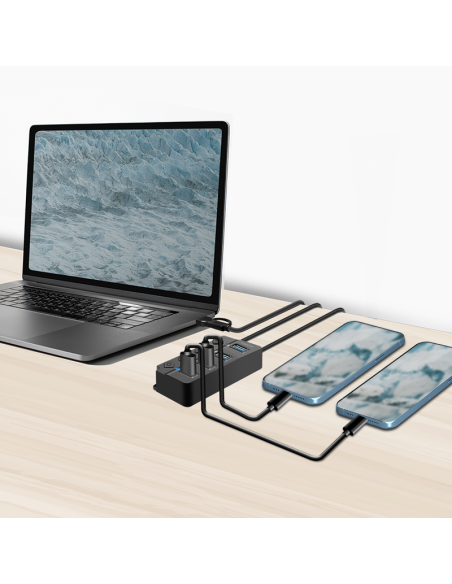 Hub USB 3.2 Gen1, 4 puertos, interruptor de encendido/apagado, negro